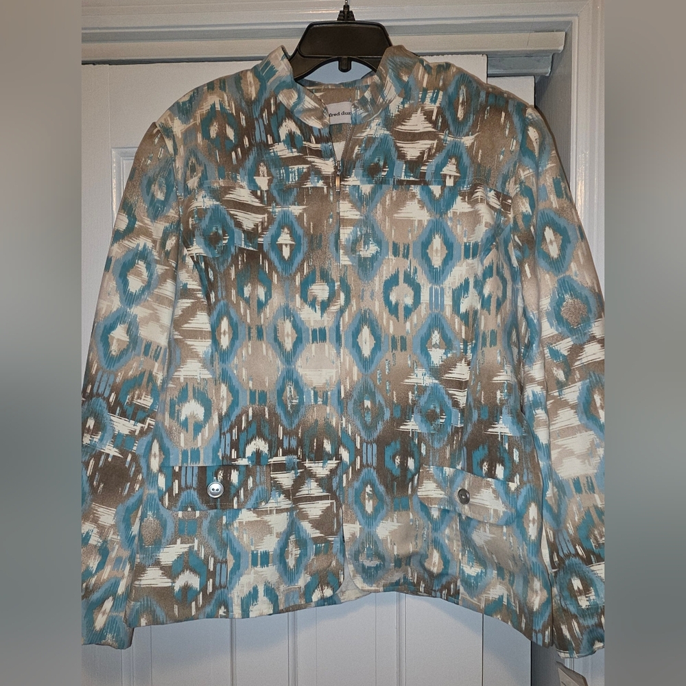Alfred Dunner Zippered Blue and Tan Patterned Blazer - Grand Canyon, Size 20 NWT